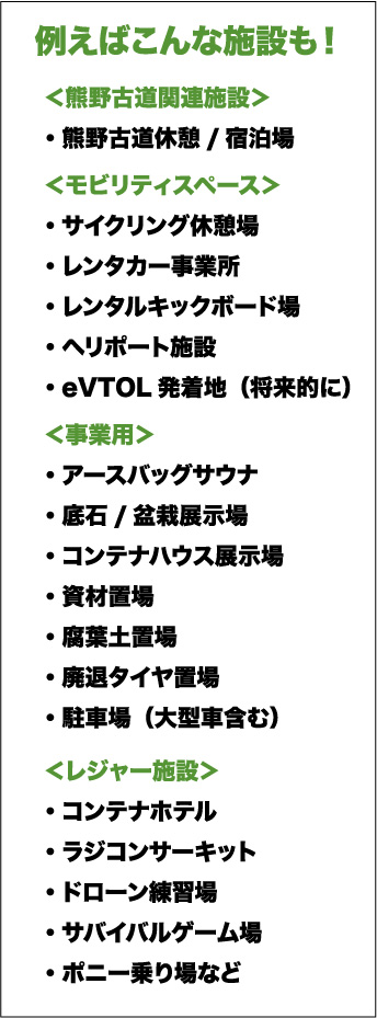 熊野古道休憩・宿泊場・サイクリング休憩場・・レンタカー事業所
・レンタルキックボード場・ヘリポート施設・eVTOL発着地(将来的に)・コンテナホテル・ラジコンサーキット・ドローン練習場・サバイバルゲーム場
・ポニー乗り場など