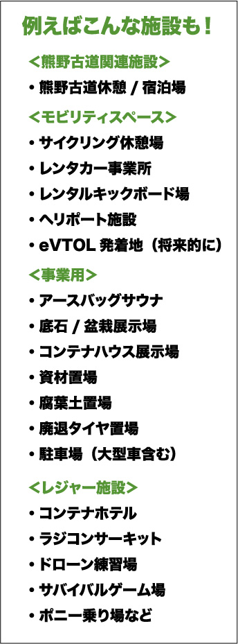 熊野古道休憩・宿泊場・サイクリング休憩場・・レンタカー事業所
・レンタルキックボード場・ヘリポート施設・eVTOL発着地（将来的に）・コンテナホテル・ラジコンサーキット・ドローン練習場・サバイバルゲーム場
・ポニー乗り場など